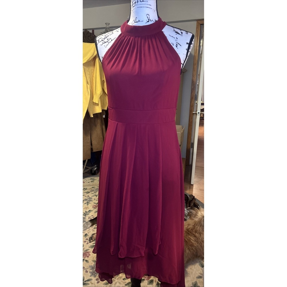 Ever‑Pretty Hi-Lo Halter Neck Chiffon Wedding Guest Dress A-Line Size 6 Burgundy